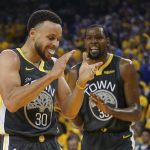 April 30, 2019; Oakland, CA, USA; Golden State Warriors guard Stephen Curry (30) and forward Kevin Durant (35) react against the Houston Rockets during the second quarter in game two of the second round of the 2019 NBA Playoffs at Oracle Arena. Mandatory Credit: Kyle Terada-USA TODAY Sports