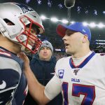 Dec 21, 2019; Foxborough, Massachusetts, USA; New England Patriots quarterback Tom Brady (12) meets Buffalo Bills quarterback Josh Allen (17) after the game at Gillette Stadium. The Patriots defeated Buffalo 24-17. Mandatory Credit: David Butler II-USA TODAY Sports