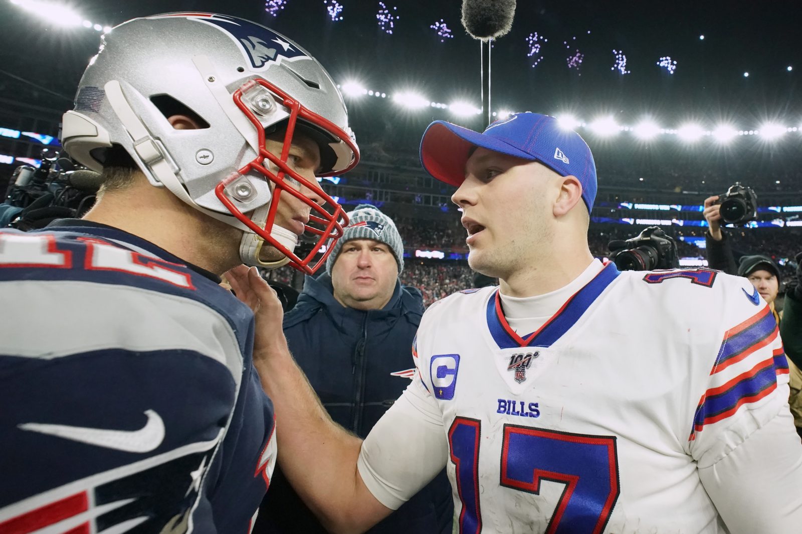 Dec 21, 2019; Foxborough, Massachusetts, USA; New England Patriots quarterback Tom Brady (12) meets Buffalo Bills quarterback Josh Allen (17) after the game at Gillette Stadium. The Patriots defeated Buffalo 24-17. Mandatory Credit: David Butler II-USA TODAY Sports