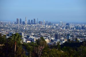 Mar 29, 2020; Los Angeles, California, USA; General view of Downtown Los Angeles skyline from Mulholland Drive. Mandatory Credit: Gary A. Vasquez-USA TODAY NETWORK