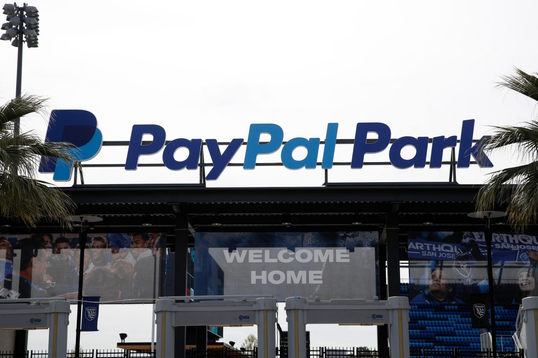 Apr 24, 2021; San Jose, California, USA; A view of the stadium sign before the game between the San Jose Earthquakes and FC Dallas at PayPal Park.