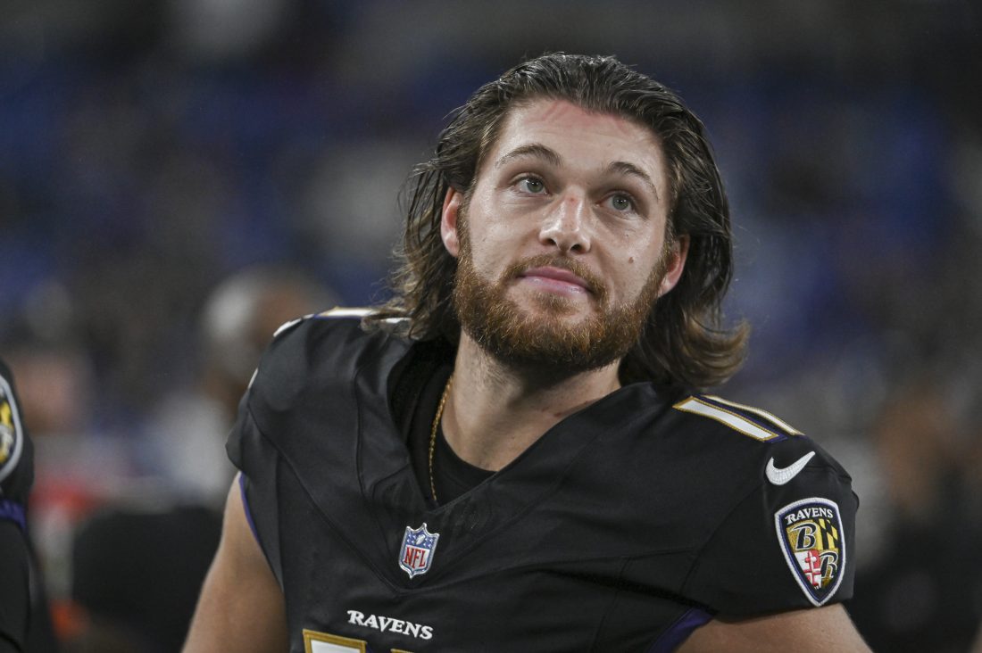 Sep 29, 2024; Baltimore, Maryland, USA; Baltimore Ravens punter Jordan Stout (11) along the sidelines during the second half against the Buffalo Bills at M&T Bank Stadium. Mandatory Credit: Tommy Gilligan-Imagn Images