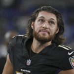 Sep 29, 2024; Baltimore, Maryland, USA; Baltimore Ravens punter Jordan Stout (11) along the sidelines during the second half against the Buffalo Bills at M&T Bank Stadium. Mandatory Credit: Tommy Gilligan-Imagn Images