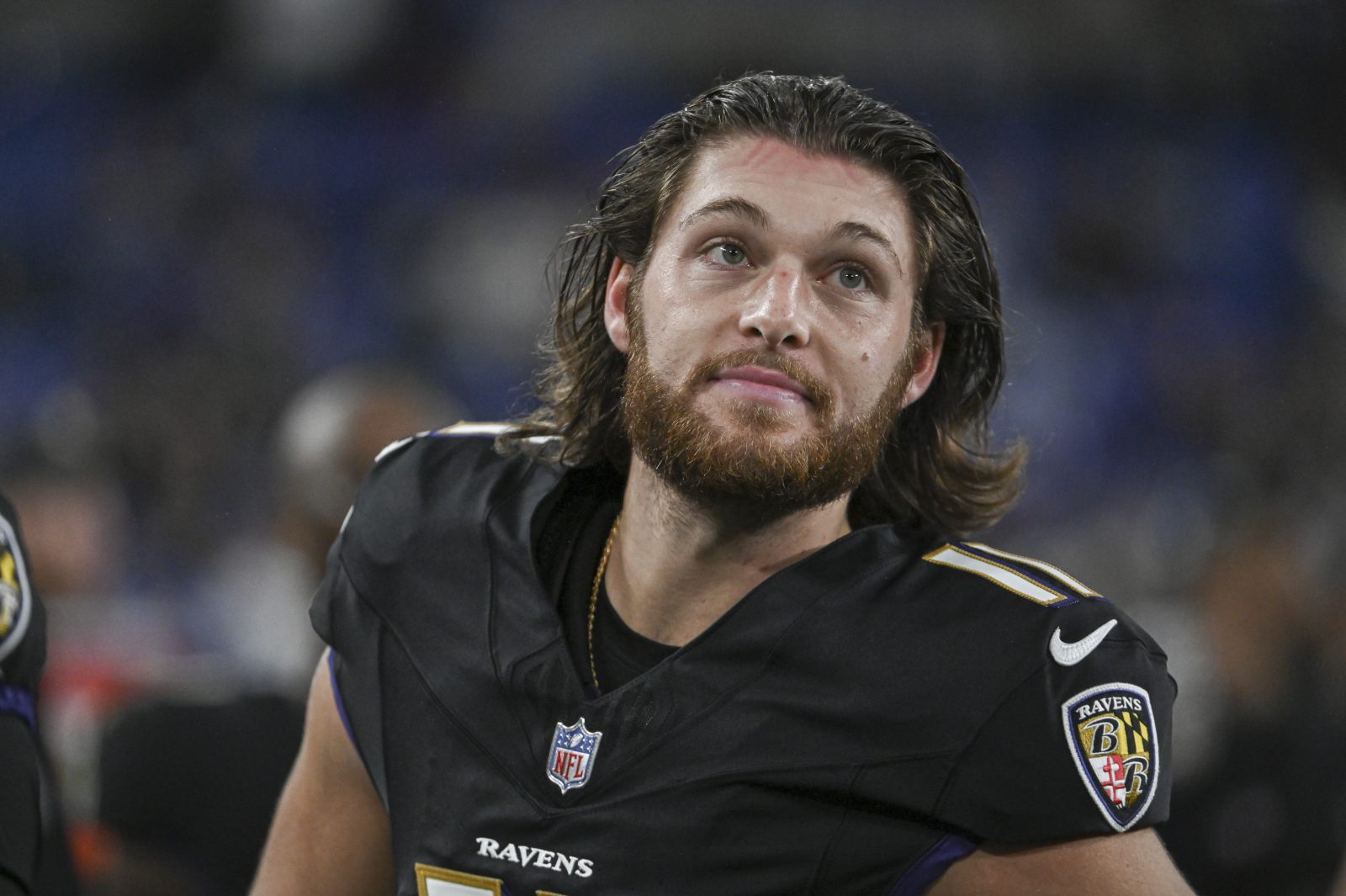 Sep 29, 2024; Baltimore, Maryland, USA; Baltimore Ravens punter Jordan Stout (11) along the sidelines during the second half against the Buffalo Bills at M&T Bank Stadium. Mandatory Credit: Tommy Gilligan-Imagn Images