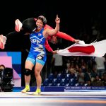 Kagami Yuka of Japan celebrates after winning the women's wrestling freestyle 76kg gold against USA's Kennedy Blades during the Paris 2024 Olympic Summer Games on Aug. 11, 2024.