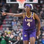 Mar 30, 2025; Spokane, WA, USA; LSU Lady Tigers guard Flau'Jae Johnson (4) reacts after play against the UCLA Bruins during the first half of a Elite 8 NCAA Tournament basketball game at Spokane Arena. Mandatory Credit: James Snook-Imagn Images