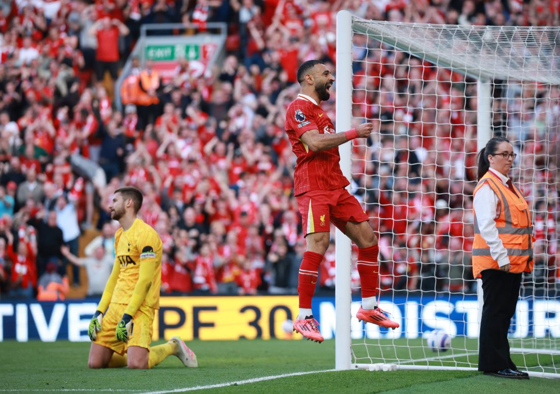 April 27, 2025; Anfield, Liverpool, BRITAIN; Liverpool player Mohamed Salah celebrates after scoring the fourth goal against the Tottenham Hotspur in a Premier League match. Mandatory Credit: Phil Noble/Reuters via Imagn Images