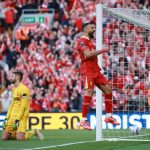 April 27, 2025; Anfield, Liverpool, BRITAIN; Liverpool player Mohamed Salah celebrates after scoring the fourth goal against the Tottenham Hotspur in a Premier League match. Mandatory Credit: Phil Noble/Reuters via Imagn Images
