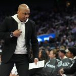 Jun 7, 2025; San Francisco, California, USA; Las Vegas Aces assistant coach Ty Ellis talks on the sideline during the second quarter against the Golden State Valkyries at Chase Center. Mandatory Credit: Darren Yamashita-Imagn Images