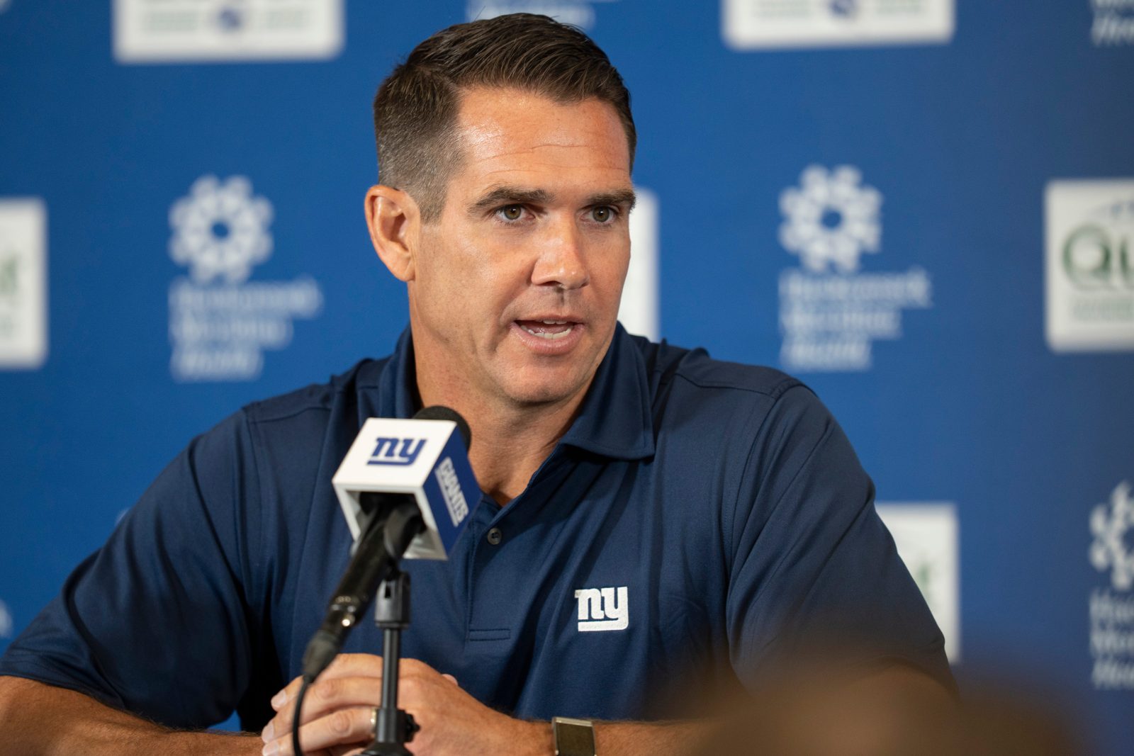 New York Giants General Manager Joe Schoen speaks at a press conference during day one of the New York Giants training camp at Quest Diagnostics Giants Training Center in East Rutherford on Wednesday, July 23, 2025.