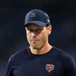 Sep 14, 2025; Detroit, Michigan, USA; Chicago Bears head coach Ben Johnson looks on during warmups prior to the game against the Detroit Lions at Ford Field. Mandatory Credit: Lon Horwedel-Imagn Images