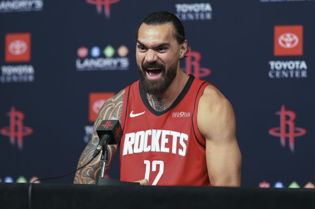 Sep 29, 2025; Houston, TX, USA; Houston Rockets center Steven Adams (12) talks with media during Houston Rockets media day at Toyota Center.