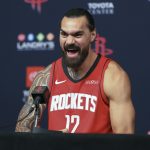 Sep 29, 2025; Houston, TX, USA; Houston Rockets center Steven Adams (12) talks with media during Houston Rockets media day at Toyota Center.