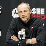 Sep 29, 2025; Chicago, IL, USA; Chicago Bulls Arturas Karnisovas, executive vice president of basketball operations talks to the press on Media Day. Mandatory Credit: David Banks-Imagn Images