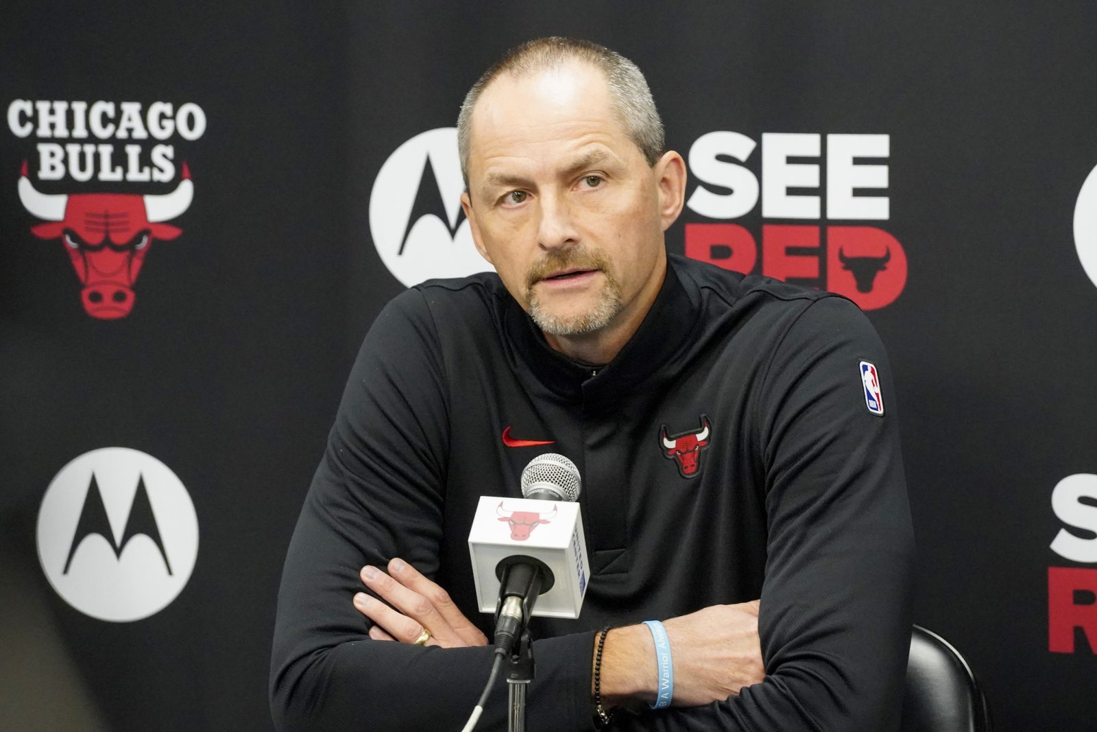 Sep 29, 2025; Chicago, IL, USA; Chicago Bulls Arturas Karnisovas, executive vice president of basketball operations talks to the press on Media Day. Mandatory Credit: David Banks-Imagn Images
