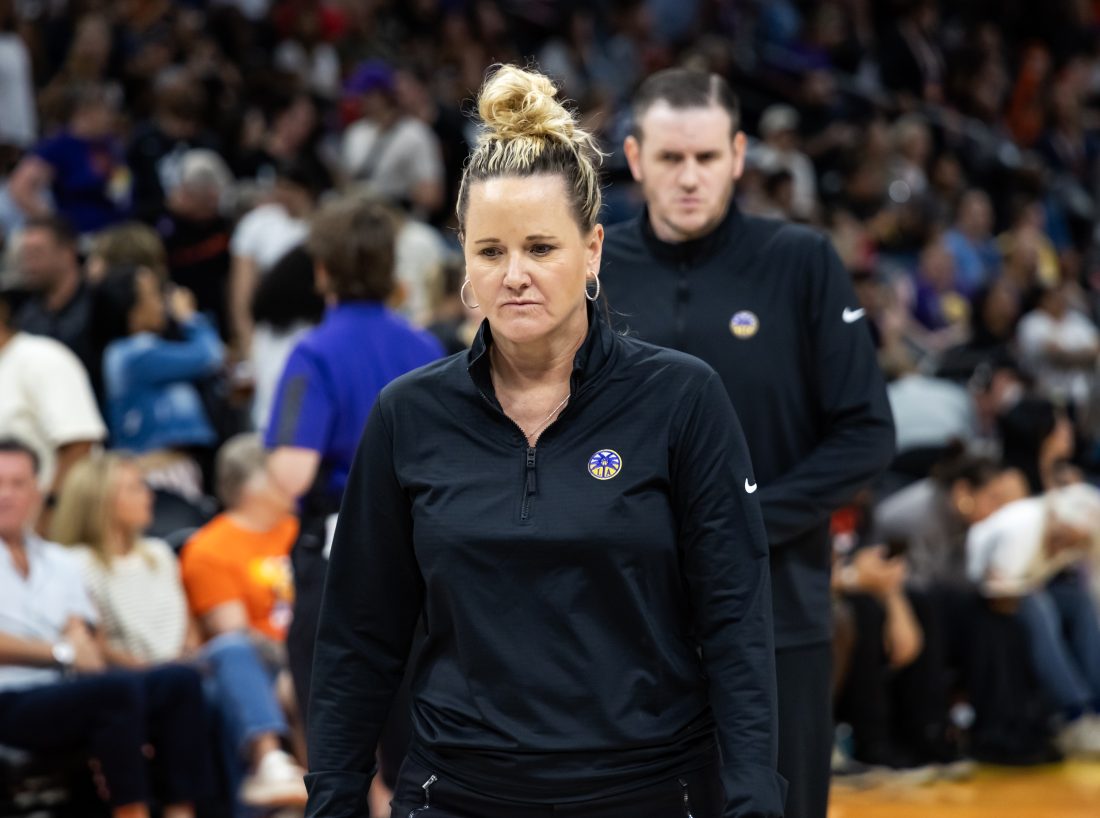Sep 9, 2025; Phoenix, Arizona, USA; Los Angeles Sparks head coach Lynne Roberts against the Phoenix Mercury during a WNBA game at PHX Arena. Mandatory Credit: Mark J. Rebilas-Imagn Images