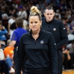 Sep 9, 2025; Phoenix, Arizona, USA; Los Angeles Sparks head coach Lynne Roberts against the Phoenix Mercury during a WNBA game at PHX Arena. Mandatory Credit: Mark J. Rebilas-Imagn Images