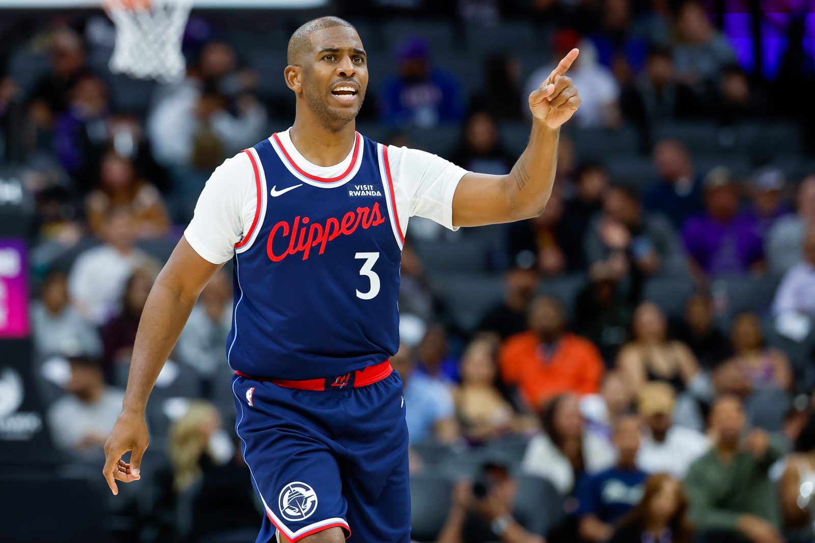 Oct 15, 2025; Sacramento, California, USA; Los Angeles Clippers guard Chris Paul (3) gestures towards a teammate during the third quarter against the Sacramento Kings at Golden 1 Center.