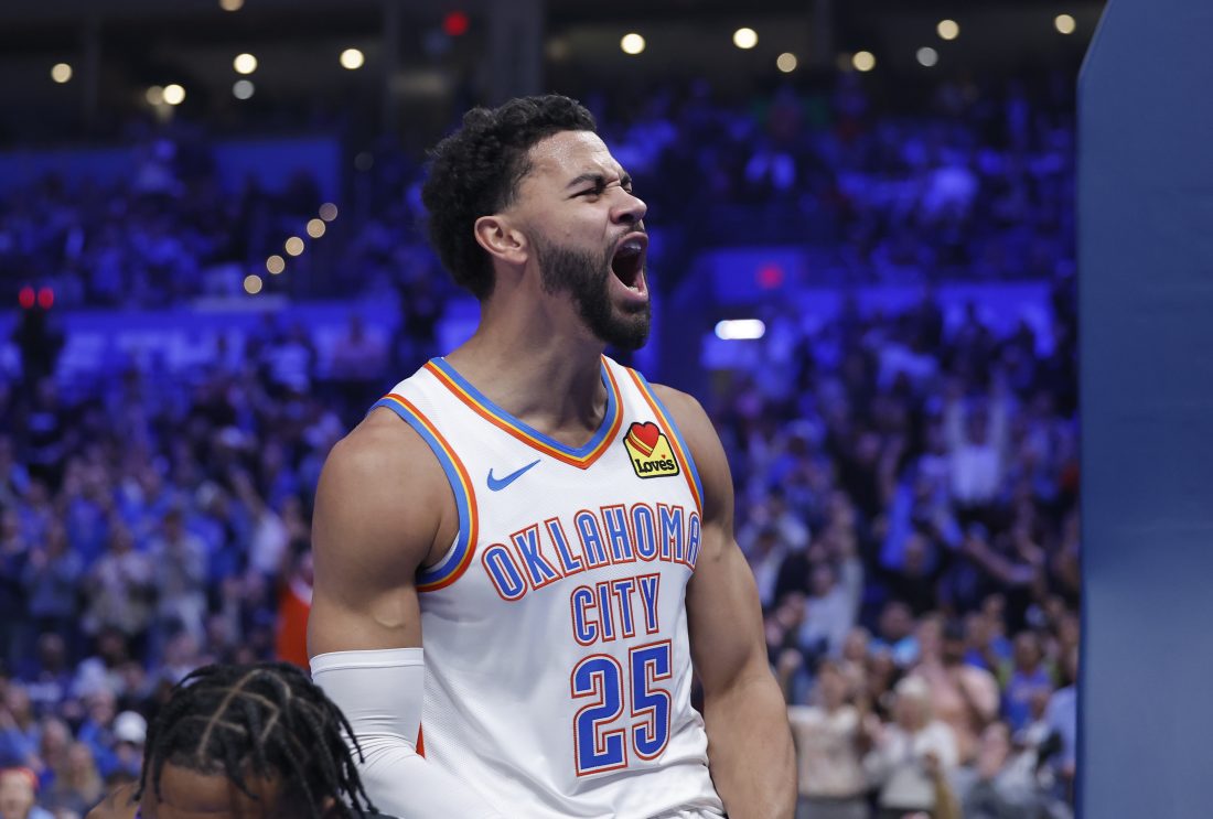 Oct 28, 2025; Oklahoma City, Oklahoma, USA; Oklahoma City Thunder guard Ajay Mitchell (25) celebrates after scoring against the Sacramento Kings during the second half at Paycom Center. Mandatory Credit: Alonzo Adams-Imagn Images