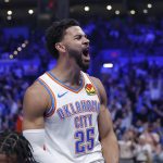 Oct 28, 2025; Oklahoma City, Oklahoma, USA; Oklahoma City Thunder guard Ajay Mitchell (25) celebrates after scoring against the Sacramento Kings during the second half at Paycom Center. Mandatory Credit: Alonzo Adams-Imagn Images
