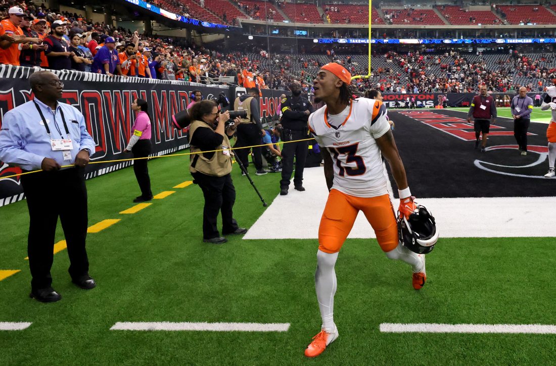 Nov 2, 2025; Houston, Texas, USA; Denver Broncos wide receiver Pat Bryant (13) celebrates after defeating the Houston Texans at NRG Stadium. Mandatory Credit: Thomas Shea-Imagn Images