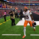 Nov 2, 2025; Houston, Texas, USA; Denver Broncos wide receiver Pat Bryant (13) celebrates after defeating the Houston Texans at NRG Stadium. Mandatory Credit: Thomas Shea-Imagn Images