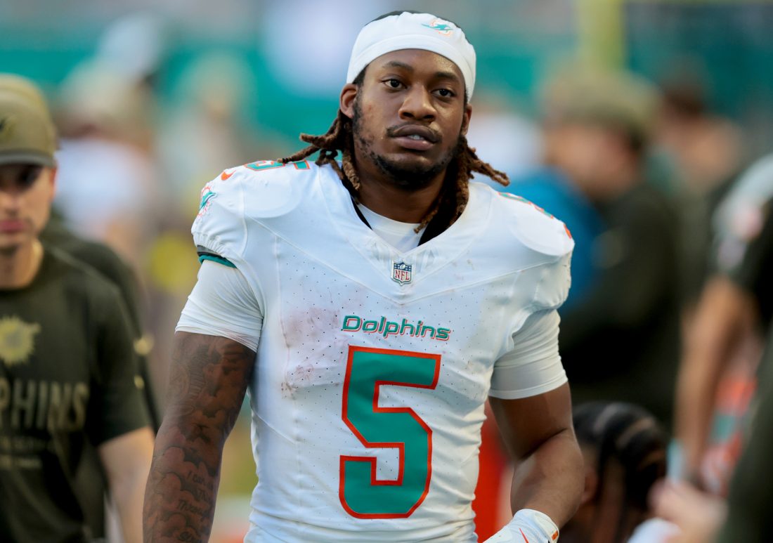 Nov 9, 2025; Miami Gardens, Florida, USA; Miami Dolphins running back Jaylen Wright (5) during the second half against the Buffalo Bills at Hard Rock Stadium. Mandatory Credit: Sam Navarro-Imagn Images
