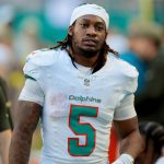 Nov 9, 2025; Miami Gardens, Florida, USA; Miami Dolphins running back Jaylen Wright (5) during the second half against the Buffalo Bills at Hard Rock Stadium. Mandatory Credit: Sam Navarro-Imagn Images