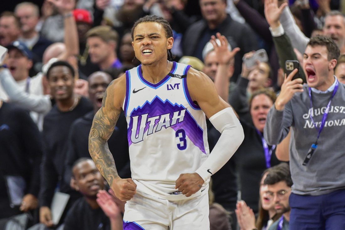 Nov 16, 2025; Salt Lake City, Utah, USA; Utah Jazz guard Keyonte George (3) reacts to his game winning shot during double overtime against the Chicago Bulls at Delta Center. Mandatory Credit: Peter Creveling-Imagn Images