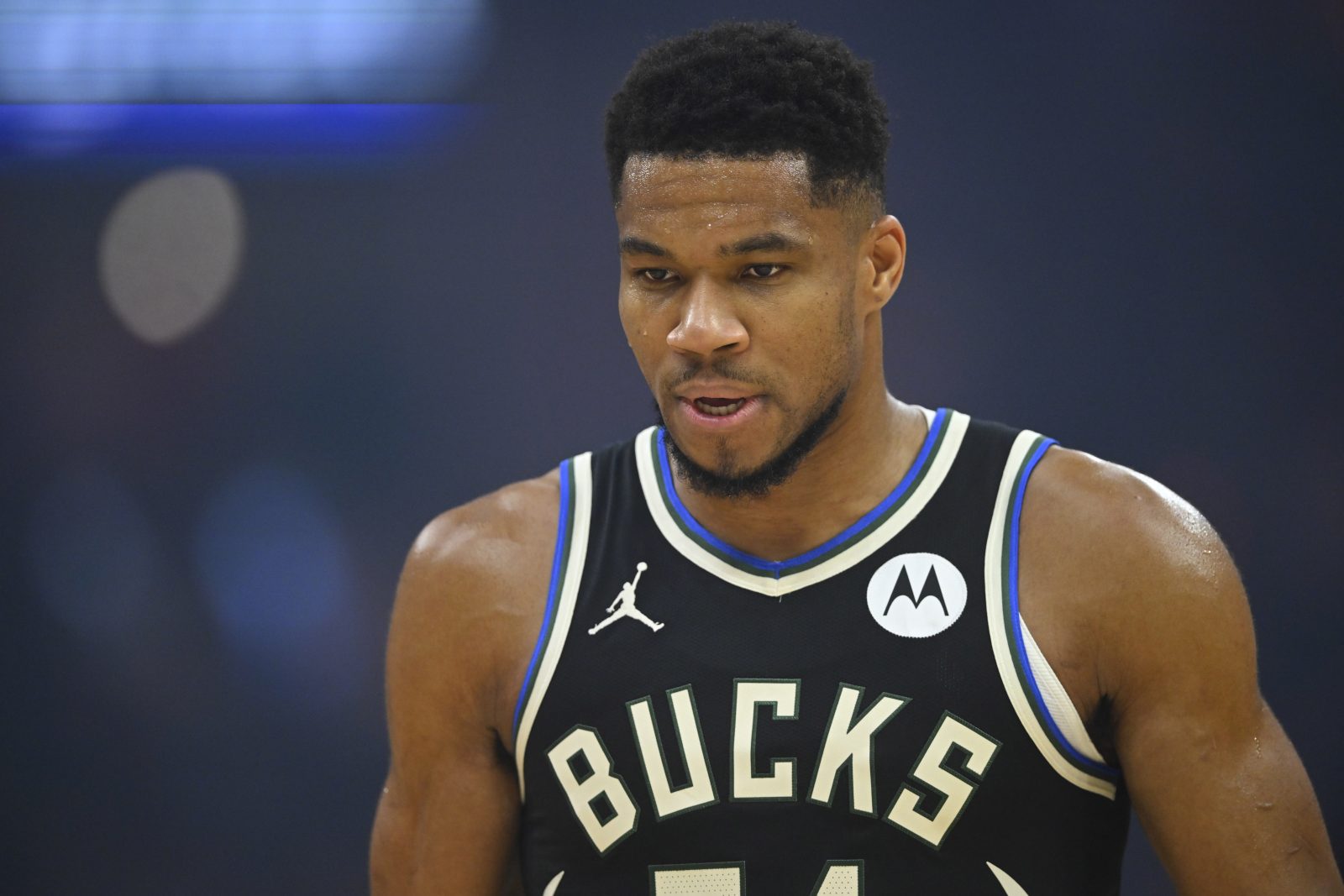 Nov 17, 2025; Cleveland, Ohio, USA; Milwaukee Bucks forward Giannis Antetokounmpo (34) walks on the court in the first quarter against the Cleveland Cavaliers at Rocket Arena.