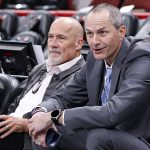 Nov 21, 2025; Chicago, Illinois, USA; Chicago Bulls Executive Vice President of Basketball Operations Arturas Karnisovas (R) sits next to Senior Advisor of Basketball Operations John Paxson (L) before an NBA game against the Miami Heat at United Center.