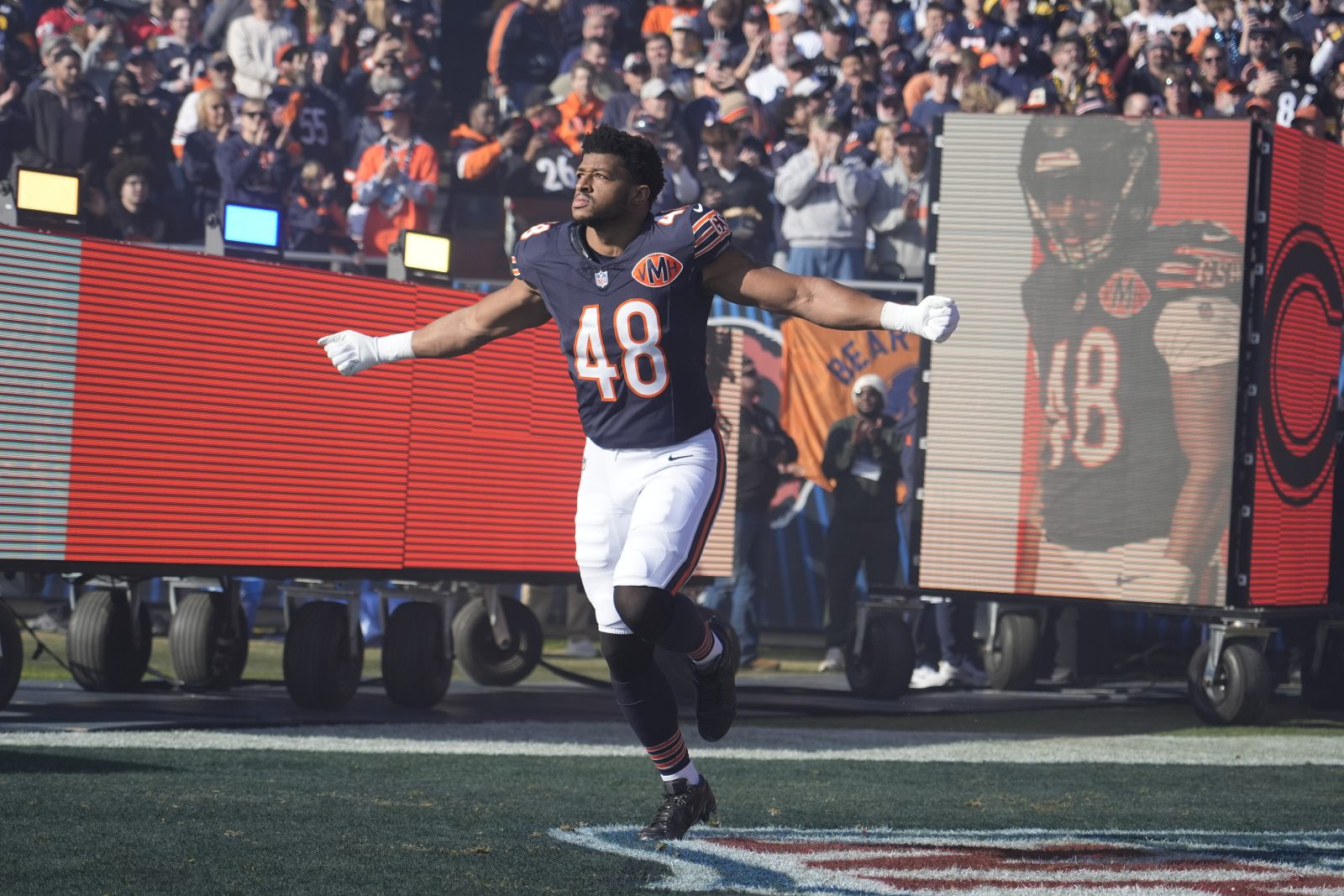 Nov 23, 2025; Chicago, Illinois, USA; Chicago Bears linebacker D'Marco Jackson (48) takes the field prior to a game against the Pittsburgh Steelers at Soldier Field.
