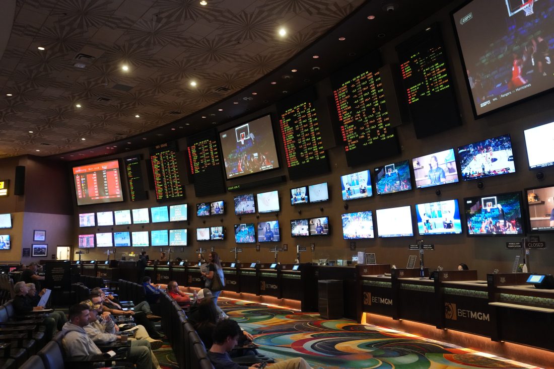 Nov 26, 2025; Las Vegas, NV, USA; Gambling odds are displayed at the BetMGM Sportsbook at MGM Grand hotel and casino.