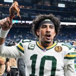 Green Bay Packers quarterback Jordan Love (10) waves at fans as he exits the field after 31-24 win over Detroit Lions at Ford Field in Detroit on Thursday, Nov. 27, 2025.