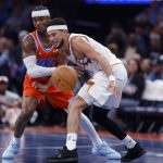 Nov 28, 2025; Oklahoma City, Oklahoma, USA;Oklahoma City Thunder guard Shai Gilgeous-Alexander (2) forces Phoenix Suns guard Devin Booker (1) to turn over the ball during the second half at Paycom Center. Mandatory Credit: Alonzo Adams-Imagn Images