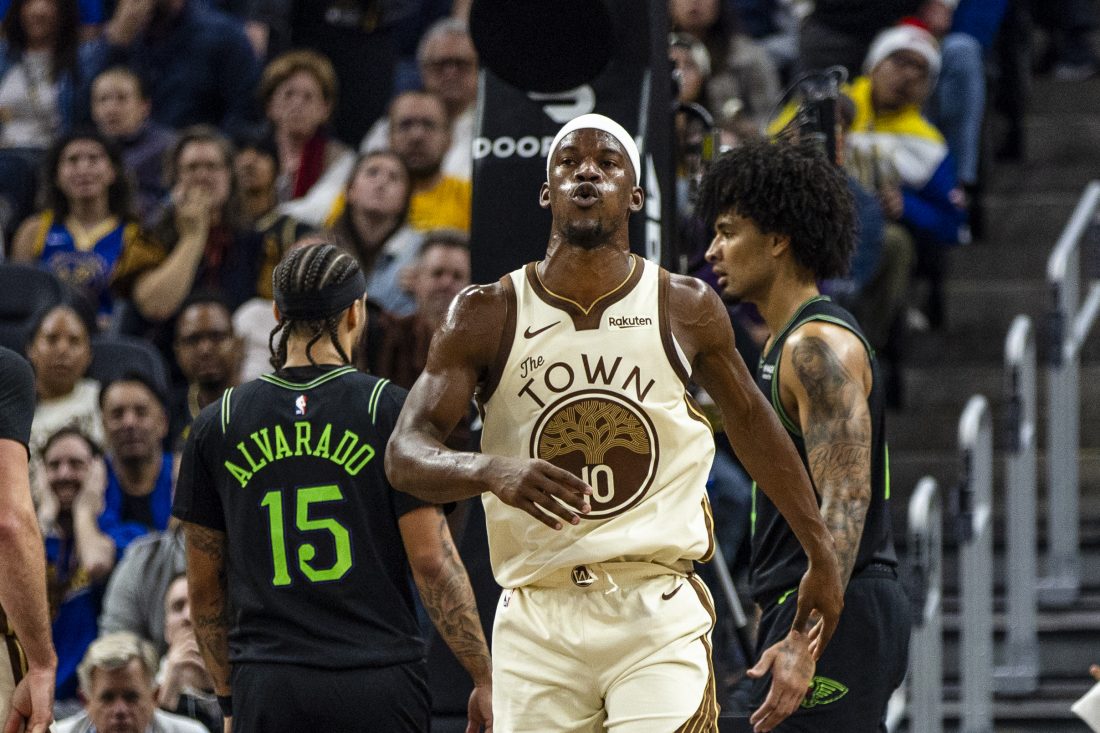 Nov 29, 2025; San Francisco, California, USA; Golden State Warriors forward Jimmy Butler III (10) reacts after a flagrant foul by New Orleans Pelicans guard Micah Peavy (14) during the second quarter at Chase Center. Mandatory Credit: John Hefti-Imagn Images