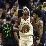Nov 29, 2025; San Francisco, California, USA; Golden State Warriors forward Jimmy Butler III (10) reacts after a flagrant foul by New Orleans Pelicans guard Micah Peavy (14) during the second quarter at Chase Center. Mandatory Credit: John Hefti-Imagn Images