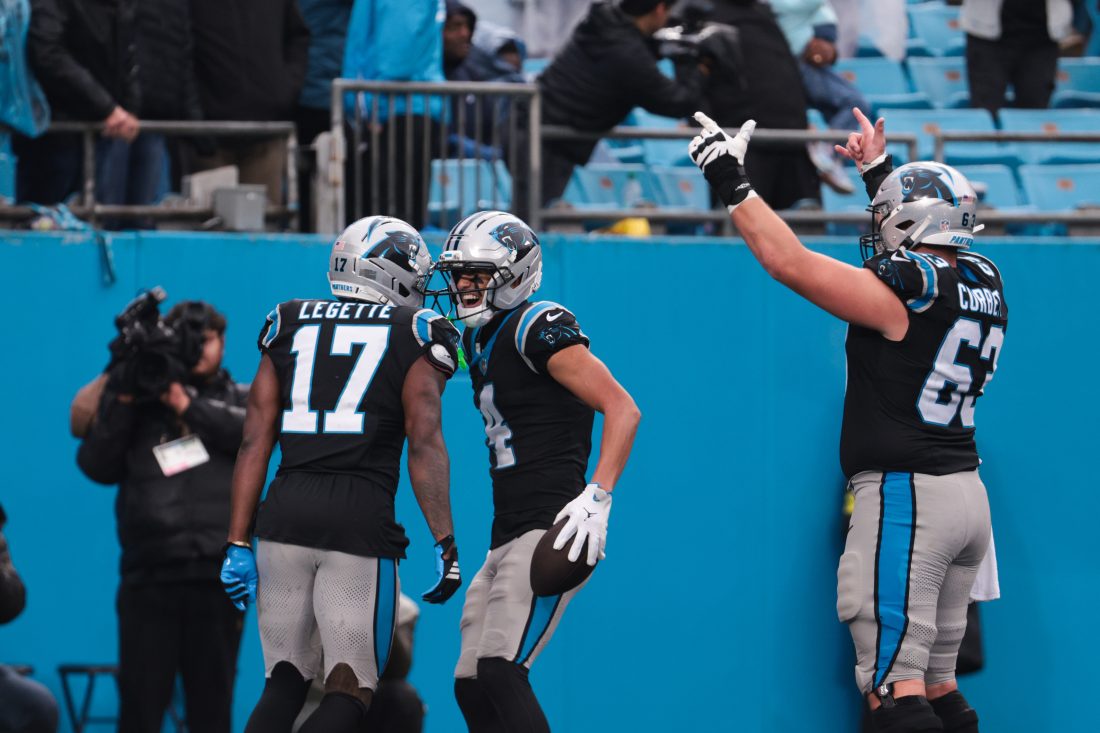 Nov 30, 2025; Charlotte, North Carolina, USA; Carolina Panthers wide receiver Tetairoa McMillan (4) celebrates with Carolina Panthers wide receiver Xavier Legette (17) after scoring a touchdown during the fourth quarter against the Los Angeles Rams at Bank of America Stadium. Mandatory Credit: Scott Kinser-Imagn Images