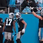 Nov 30, 2025; Charlotte, North Carolina, USA; Carolina Panthers wide receiver Tetairoa McMillan (4) celebrates with Carolina Panthers wide receiver Xavier Legette (17) after scoring a touchdown during the fourth quarter against the Los Angeles Rams at Bank of America Stadium. Mandatory Credit: Scott Kinser-Imagn Images