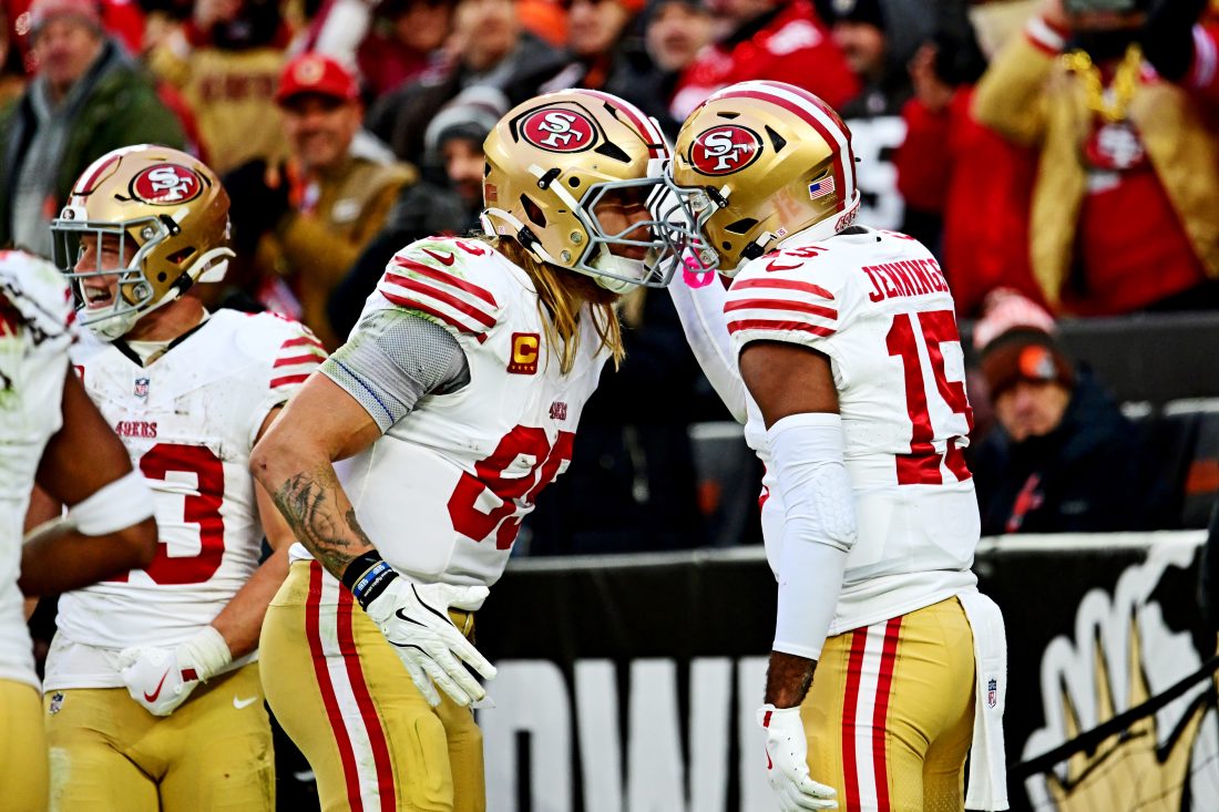 Nov 30, 2025; Cleveland, Ohio, USA; San Francisco 49ers tight end George Kittle (85) and San Francisco 49ers wide receiver Jauan Jennings (15) celebrate after a play during the second half against the Cleveland Browns at Huntington Bank Field. Mandatory Credit: Ken Blaze-Imagn Images