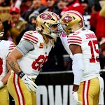 Nov 30, 2025; Cleveland, Ohio, USA; San Francisco 49ers tight end George Kittle (85) and San Francisco 49ers wide receiver Jauan Jennings (15) celebrate after a play during the second half against the Cleveland Browns at Huntington Bank Field. Mandatory Credit: Ken Blaze-Imagn Images