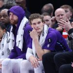 Nov 30, 2025; Salt Lake City, Utah, USA; Utah Jazz forward Lauri Markkanen (middle) watches play against the Houston Rockets during the second half at Delta Center. Mandatory Credit: Rob Gray-Imagn Images