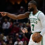 Nov 30, 2025; Cleveland, Ohio, USA; Boston Celtics guard Jaylen Brown (7) reacts after a defensive play during the second half against the Cleveland Cavaliers at Rocket Arena. Mandatory Credit: David Dermer-Imagn Images