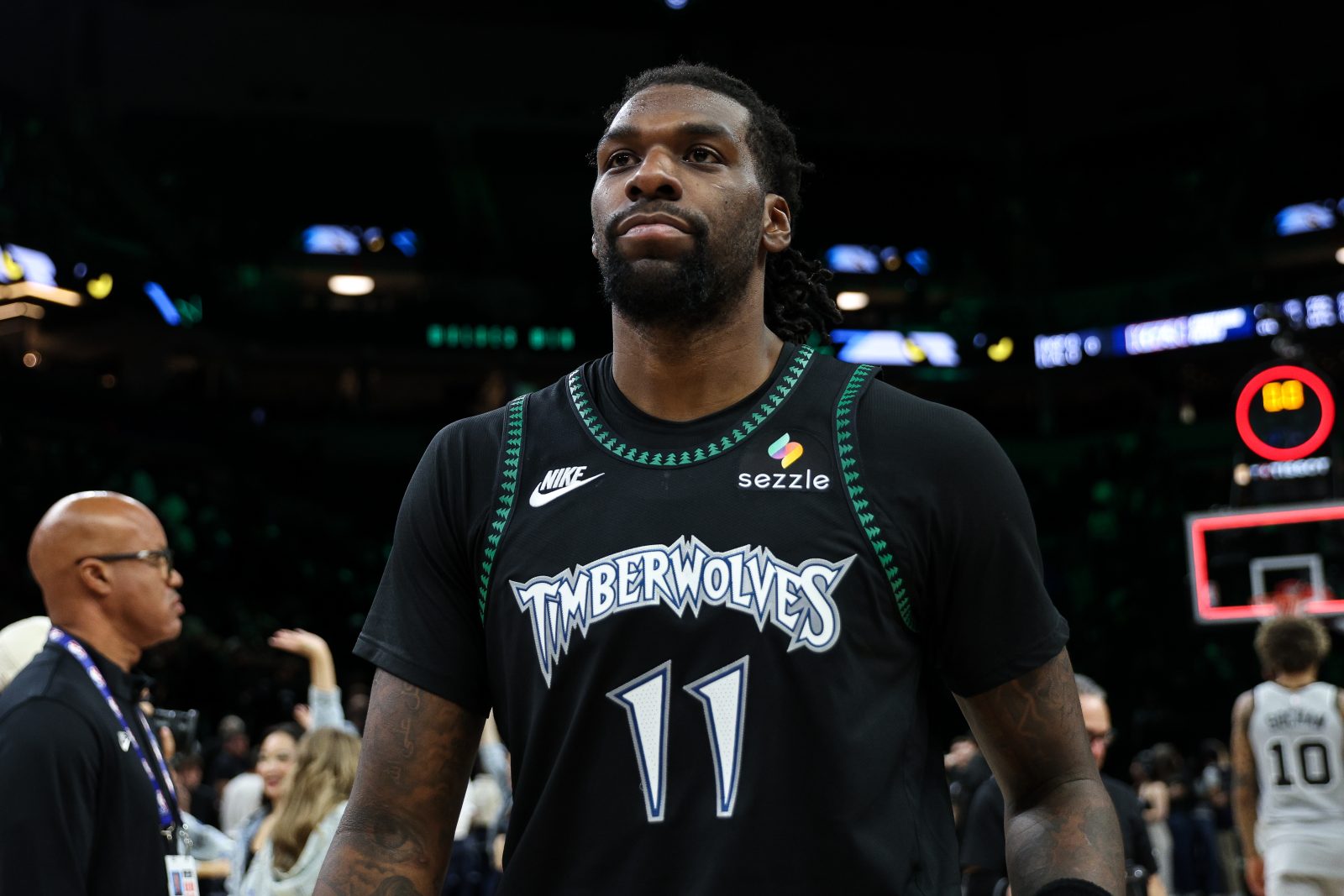 Nov 30, 2025; Minneapolis, Minnesota, USA; Minnesota Timberwolves center Naz Reid (11) reacts after the teams win against the San Antonio Spurs after the game at Target Center. Mandatory Credit: Matt Krohn-Imagn Images