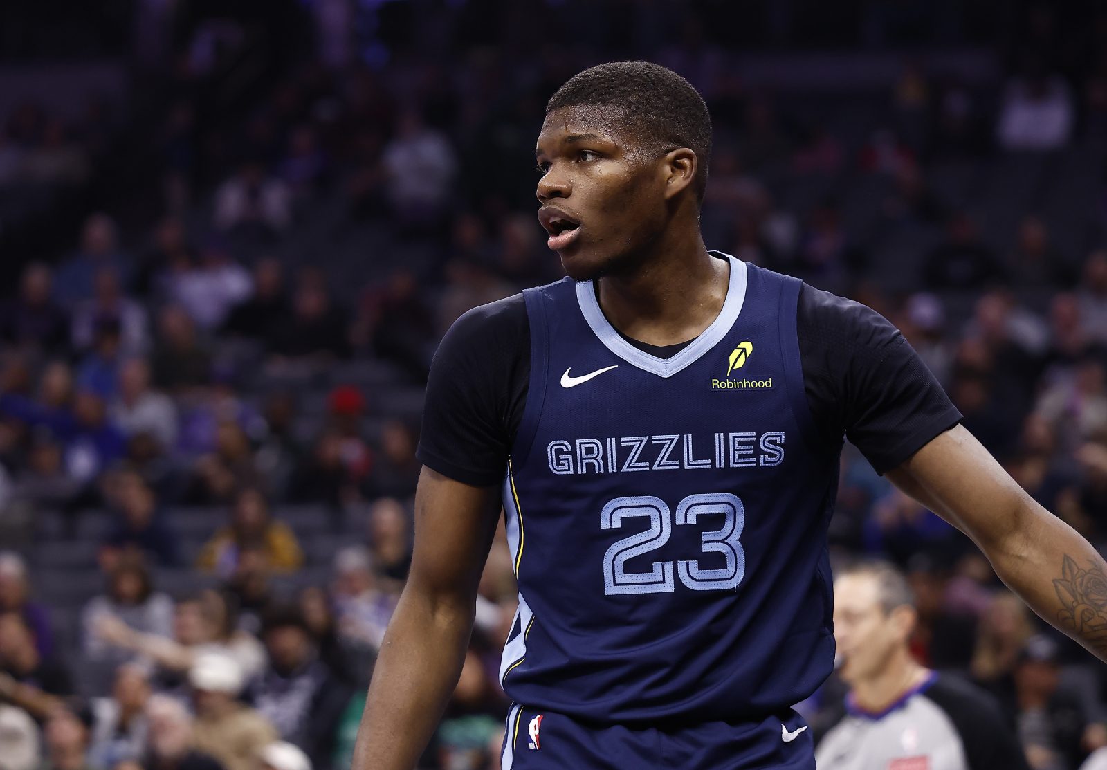 Nov 30, 2025; Sacramento, California, USA; Memphis Grizzlies guard Cedric Coward (23) after a play agains the Sacramento Kings during the second quarter at Golden 1 Center. Mandatory Credit: Kelley L Cox-Imagn Images