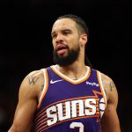 Nov 29, 2025; Phoenix, Arizona, USA; Phoenix Suns forward Dillon Brooks (3) against the Denver Nuggets in the first half at the Mortgage Matchup Center. Mandatory Credit: Mark J. Rebilas-Imagn Images