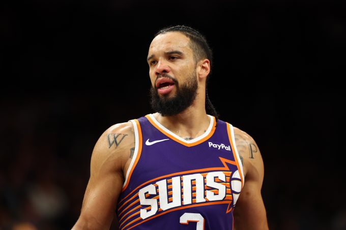 Nov 29, 2025; Phoenix, Arizona, USA; Phoenix Suns forward Dillon Brooks (3) against the Denver Nuggets in the first half at the Mortgage Matchup Center. Mandatory Credit: Mark J. Rebilas-Imagn Images