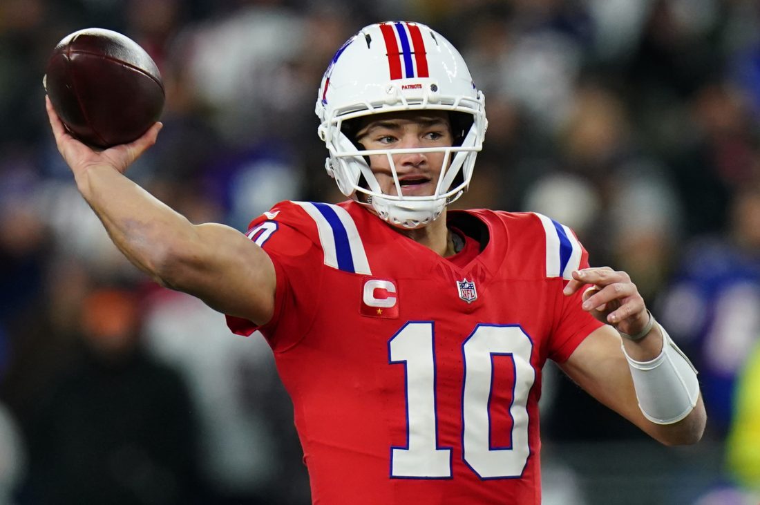 Dec 1, 2025; Foxborough, Massachusetts, USA; New England Patriots quarterback Drake Maye (10) throws a pass during the first quarter against the New York Giants at Gillette Stadium.