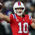 Dec 1, 2025; Foxborough, Massachusetts, USA; New England Patriots quarterback Drake Maye (10) throws a pass during the first quarter against the New York Giants at Gillette Stadium.