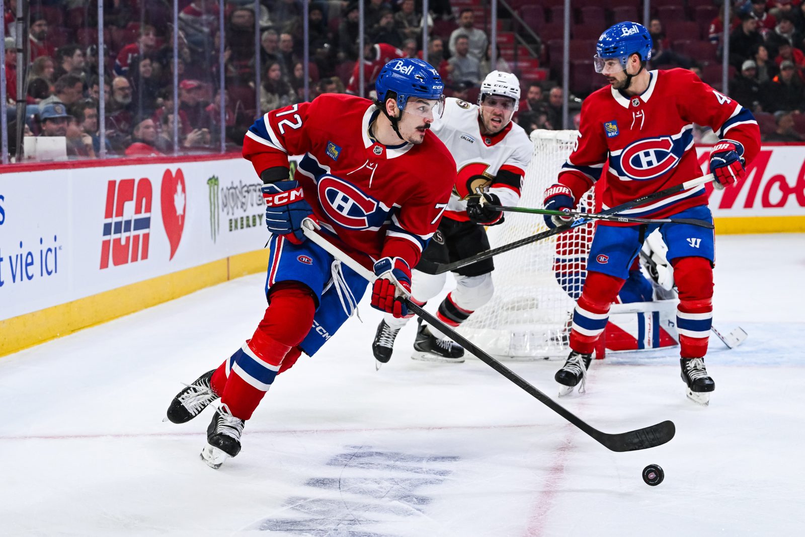 Dec 2, 2025; Montreal, Quebec, CAN; Montreal Canadiens defenseman Arber Xhekaj (72) skates away with the puck against the Ottawa Senators during the third period at Bell Centre.